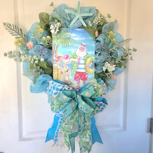 Christmas Beach Santa Wreath Coastal Starfish Rudolph Deco Mesh Bow - Picture 3 of 8